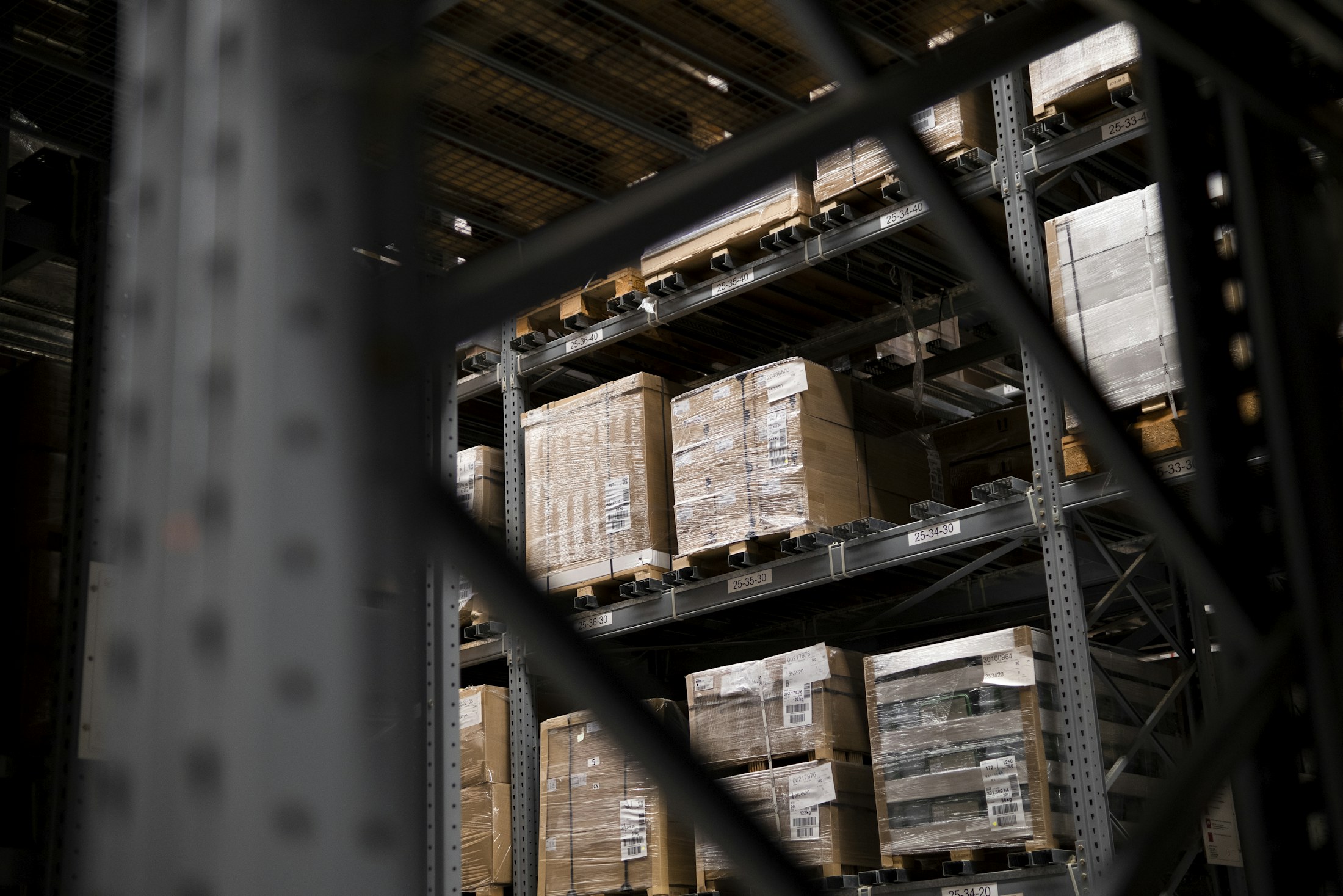 Warehouse shelves filled with boxes and pallets